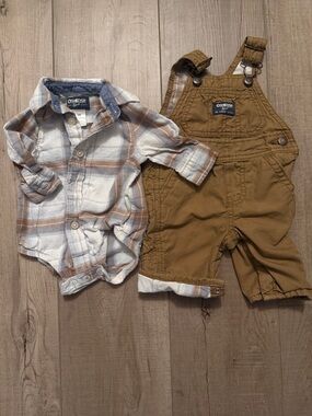 OshKosh B'gosh Tan Brown Corduroy Overalls with Plaid Shirt Set